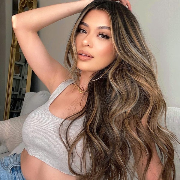 Brown Ombre Lace Front Wig with Dark Roots Long Brown Wavy Wig with Highlights L Part- Synthetic Wig 18 inches- Free Shipping