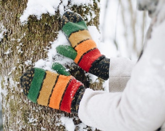 Wool mittens - Double layer mittens - Striped mittens - 100% wool from our own sheep