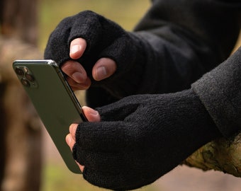 Schwarze fingerlose Handschuhe für Männer und Frauen - 100% Wolle