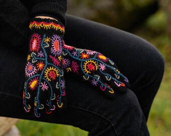 Guantes de lana con bordado hecho a mano - Guantes bordados - Guantes de punto cálidos - 100% lana