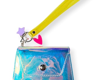 Holo Teal Wristlet Wallet: Holographic Vinyl Small Wallet with Sparkled Strap