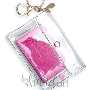 Cartera con purpurina - Cartera Holo Sparkle Slim - Cartera compacta de vinilo transparente con destellos holográficos y gancho para llavero dorado