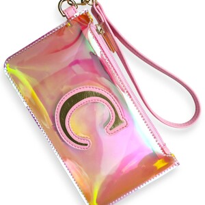 Personalized Holographic Pink Pouch Set – 3pc with 2 Wristlets | Custom Letter Gift | Makeup Bag, Coin Purse, Card Pouch | Cute Organizer