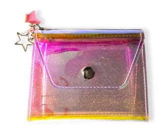Cartera Holográfica Rosa: Cartera Holográfica Delgada, Tarjetero Iridiscente, Cartera Vegana Pequeña, Cartera de Viaje Moderna, Estética Y2K, Regalo para Ella