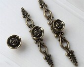 Antique Bronze Rose Flower Dresser Pulls Drawer Knobs Pulls Handles Backplate French Country Kitchen Cabinet Handle Pull Knob Door Hardware