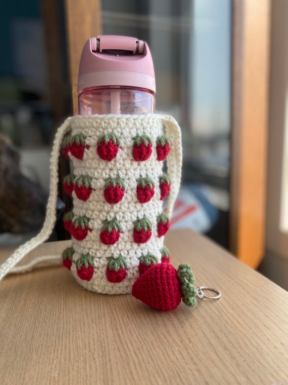 Crochet Strawberry Water Bottle Carrier With Keychain Handmade