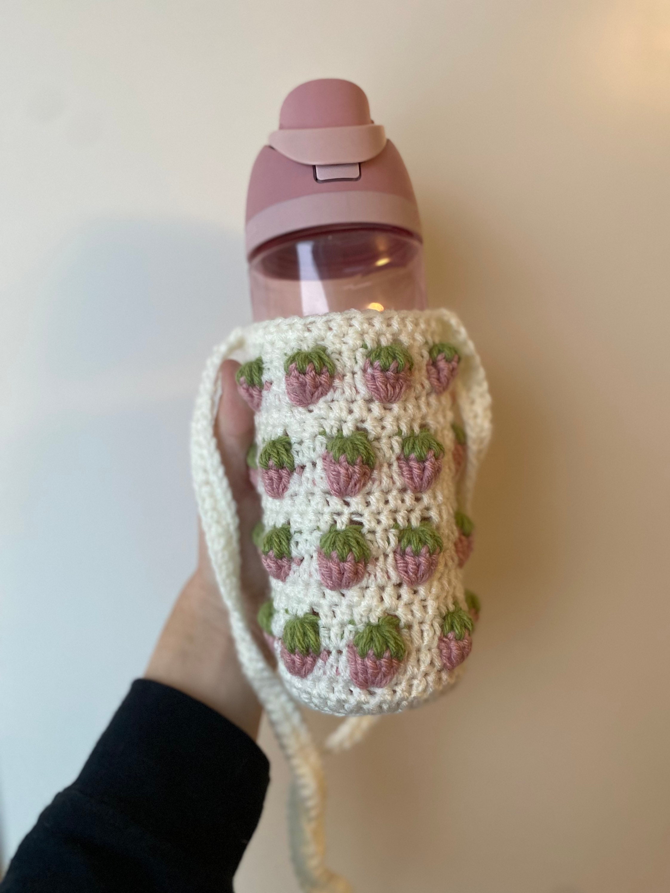Crochet Strawberry Water Bottle Carrier With Keychain Handmade Cross Body Bottle  Holder 