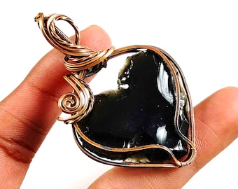 Black Obsidian Heart Copper Pendant • Wire Wrapped Necklace • Healing Protection Crystal Jewelry • Handmade Christmas Gift for Her