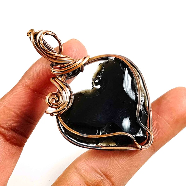 Schwarzer Obsidian Herz Kupfer Anhänger • Wire Wrapped Halskette • Heilender Schutz Kristall Schmuck • Handgemachtes Weihnachtsgeschenk für Sie
