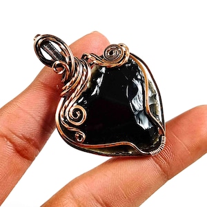 Copper Wrapped Black Obsidian Heart Necklace: Healing Crystal Pendant
