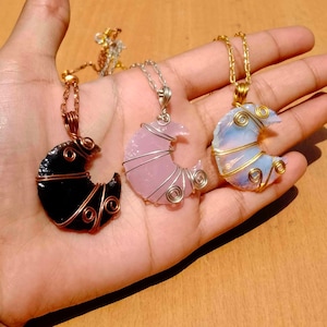 Wire Wrapped Crescent Moon Necklace: Rose Quartz, Opalite, Obsidian