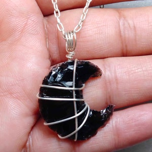 Obsidian Moon Necklace: Wire Wrapped Crescent Pendant, Crystal Healing