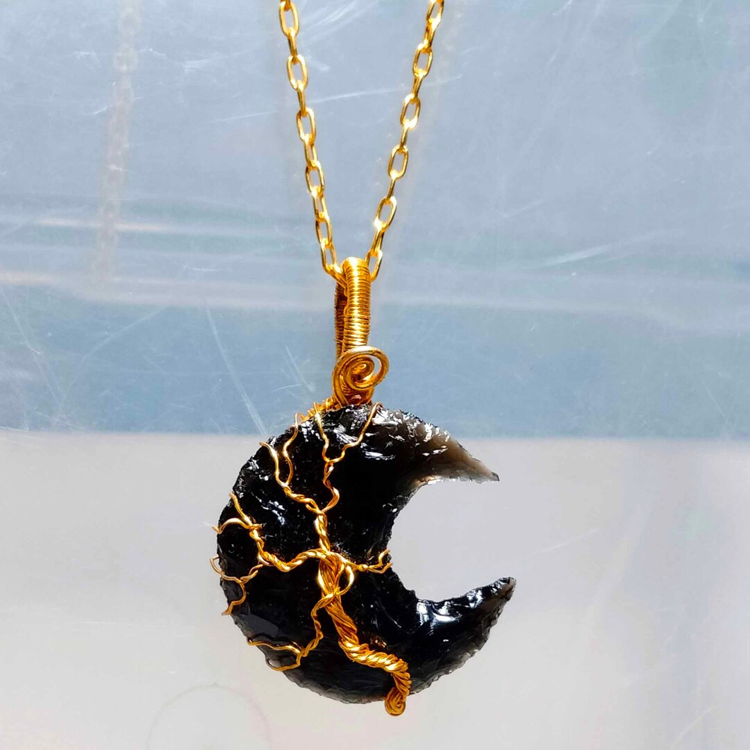 Obsidian Tree of Life Moon Pendant: Wire Wrapped Healing Crystal ...