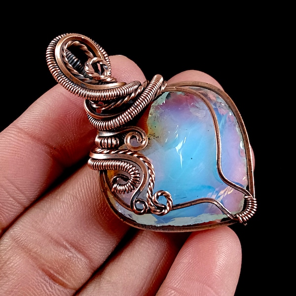 Opalite Heart Copper Pendant, Wire Wrapped Necklace, Handmade Healing Crystal Jewelry, Boho Mother’s Day Gift for Mom