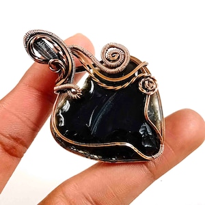 Copper Wire Wrapped Black Obsidian Heart Necklace: Healing Stone Pendant