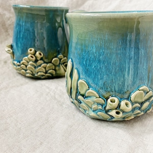 SECONDS SALE: Underwater aqua curvy mug; ocean sea life sculpted green blue handmade ceramic pottery cup mug