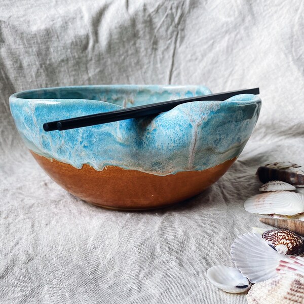 Sand N Sea Ramen Bowl; little pho noodle handmade ceramics soup bowl pink blue tan beach drippy glaze
