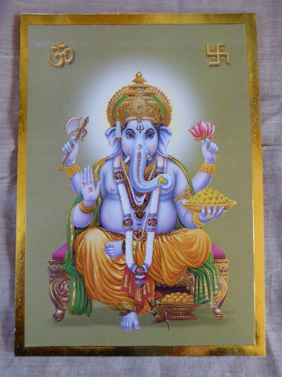 5x Tempel Bild Postkarte Hindu Gott Ganesh Kali Laksmi 18x13 cm gold geprägt