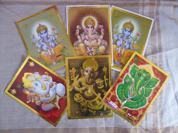 5x Tempel Bild Postkarte Hindu Gott Ganesh Kali Laksmi 18x13 cm gold geprägt