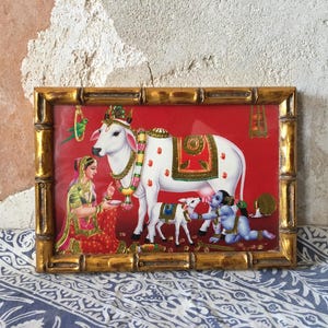 small indian wood frame bamboo like Kamdhenu Surabhi cow and Krishna print craft handicraft india vintage 1990's hinduism