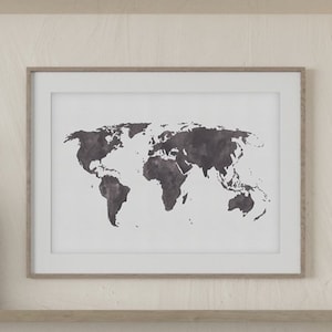 Impresión de mapa del mundo en acuarela en blanco y negro (póster digital)