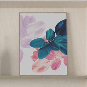 Pink Leaves Wall Art, Housewarming Gift, Pastel Pink and Blue, Girlfriend Printable Gift, Modern Plant Print, Tropical Leaf Printable Poster