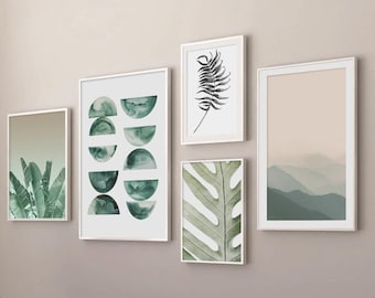 Gallery Print Set, Set of 5 Green Color, Gallery wall set ,Art prints, Printable wall art, Abstract prints, Green art prints, Home Decor