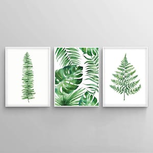 Set of 3 Watercolor Green Leaves, Set of 3 Plant Prints, Tropical Leaf Print, Botanical Print Set, Modern Wall Art, Large wall art