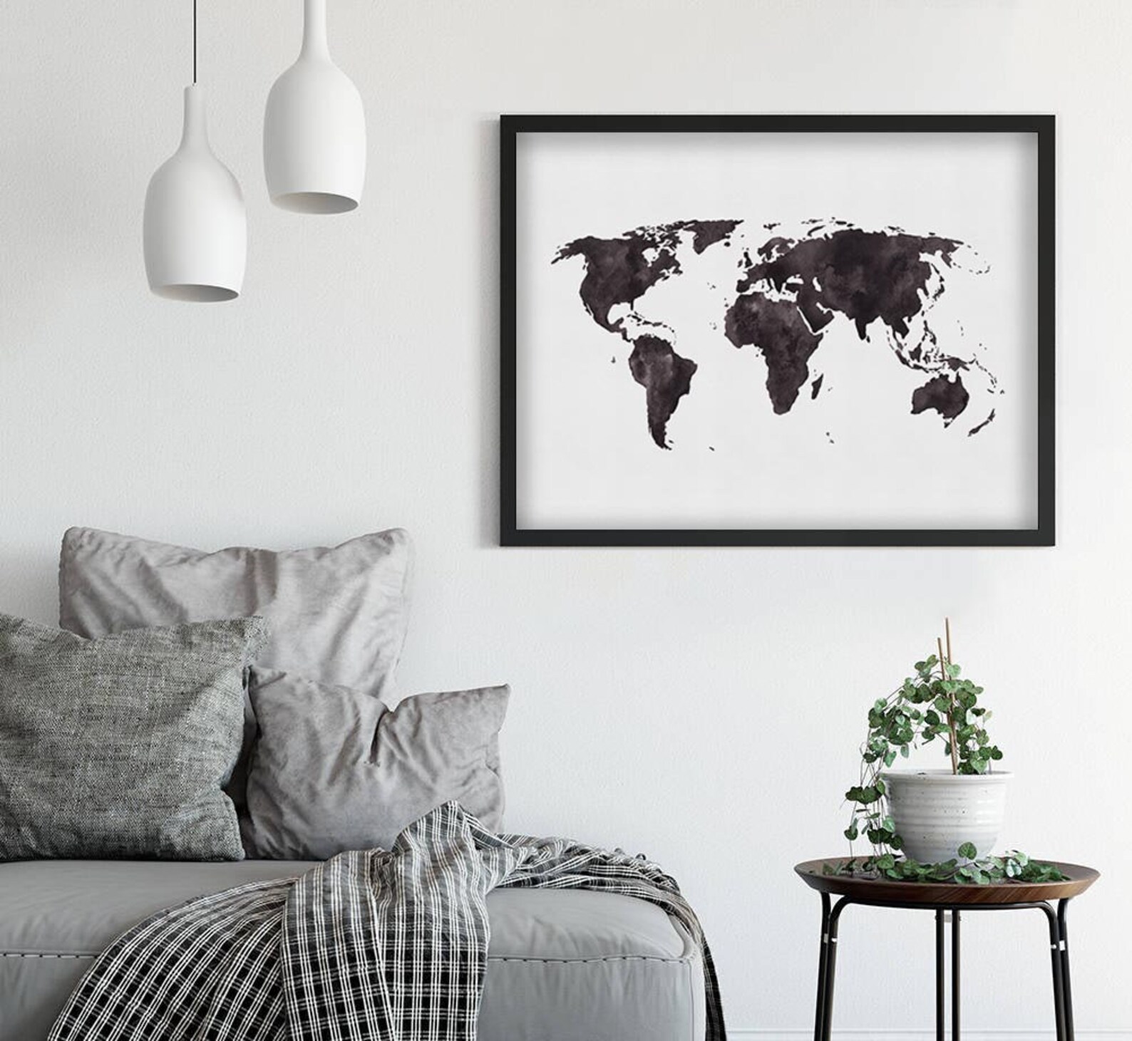 World Map Poster Black and White World Map Print Watercolor Etsy