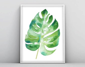 Printable Watercolor Monstera leaf, Palm Leaf, Botanical Decor, Watercolo Wall Art, Tropical Print, Palm Decor,Green Wall Art,Palm Poster