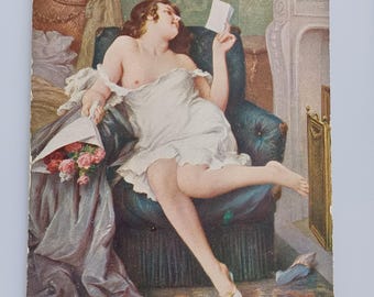 Cartão postal francês vintage Jules Scalbert, Sa Fete, mulher nua em cadeira segurando rosas