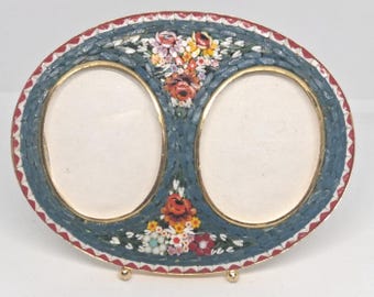 Vintage Italian Style 4" x 3" Micro Mosaic Flowers Double Picture Frame