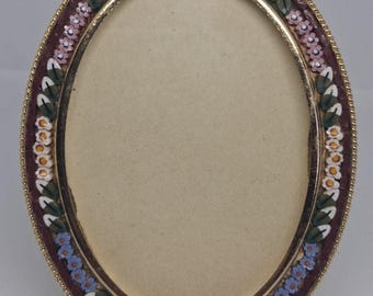 Vintage Italian 3.5" x 2.5" Micro Mosaic Flowers Oval Picture Frame Signed Italy