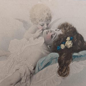 Vintage Edwardian Art Nouveau Postcard Cherub Woman Flowers Austrian Printed C.W. Faulkner & Co. London