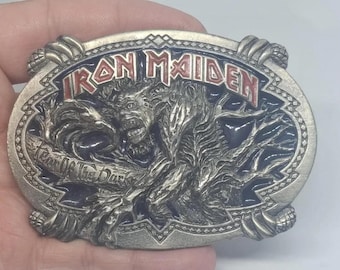 Fivela de cinto vintage "Fear of the Dark" do Iron Maiden, edição limitada de 1992, Inglaterra, banda de heavy metal e rock motociclista.