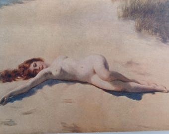 Cartão-postal francês vintage com ninfa nua na praia, da Carrier-Belleuse Salon, arte erótica feminina.
