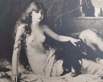 Cartão-postal russo antigo com arte de mulher nua, Sansão e Dalila, mensagem russa no verso.
