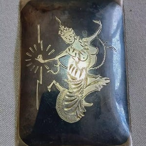 Siam Sterling Silver Black & Gold Brooch Vintage Thai Dancer Pin Asian Art Mekkala Goddess Lightening