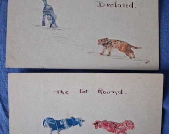 2x Cartões Postais com Colagem de Selos da Época da Primeira Guerra Mundial, Feitos à Mão e Assinados pelo Artista, HES Guerra Declarada, Vintage Guerra Declarada, A 1ª Rodada, Animais