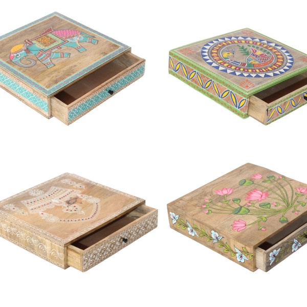 Wooden Drawer Traditional Hand Painted Hand Made Desk Drawer Mother's Day Gift Jewelry Box Keepsake Gift Box Indian Handicraft