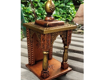 Wooden Temple Mandir Handcrafted Copper Handmade Mandir Pooja Ghar Mandap Handpainted Worship Home Decor Wall Hanging