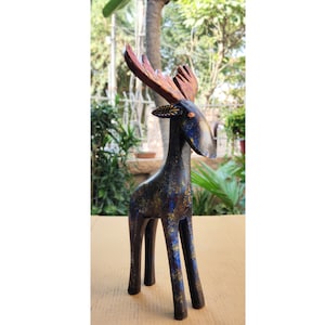 Wooden Old Hand Made Reindeer Deer Statue/Figurine Showpiece/Carved Animals/Hand Painted Collectible/Traditional Indian Style Home Decor Art