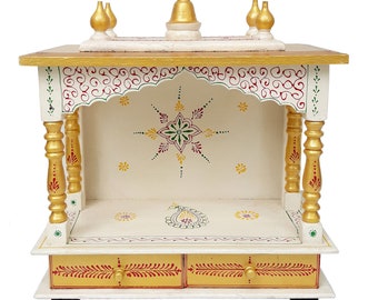 Handpainted Wooden Hindu Temple: Wall Mounted Pooja Ghar Mandir