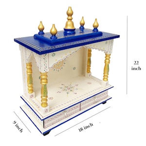 Wooden Temple Pooja Mandir For Home Indian Handmade White Blue Pooja Ghar Wall Mount Traditional Mandap With Religious Gift Home Decor Art