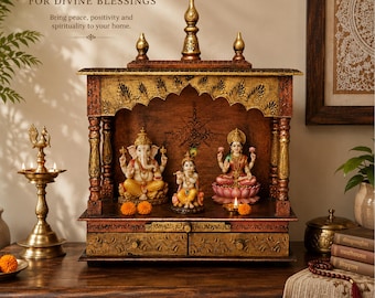 Handgefertigter Hindu Holzstempel: Pooja Ghar Schaukasten, Altar Schrein