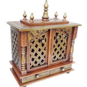 Wooden Temple Mandir Hindu Handcrafted Copper Pooja Ghar Mandap Gold Finished Carved Home Office Shop Decor Art Festival Decor