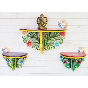 Wooden Portable Pooja Temple Hanging Mandir home/ Spiritual Wall Rack/ Carved Wooden Bracket/ Hand Painted Wall Altars/ Display Shelf - S/3