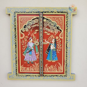 Handpainted Wooden Window Frame Shutter For Wall Hanging Decor Beautiful Style Living Room Decor Indian Haveli Window Traditional Sculpture