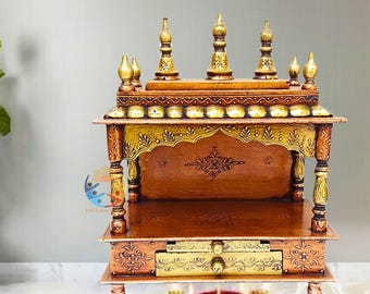 Diwali Pooja Mandir Handcrafted Hindu Puja Ghar Mandap Indian Home Shrine Worship Altar Copper Painted Wall Mount Rack Spiritual Wall Decor
