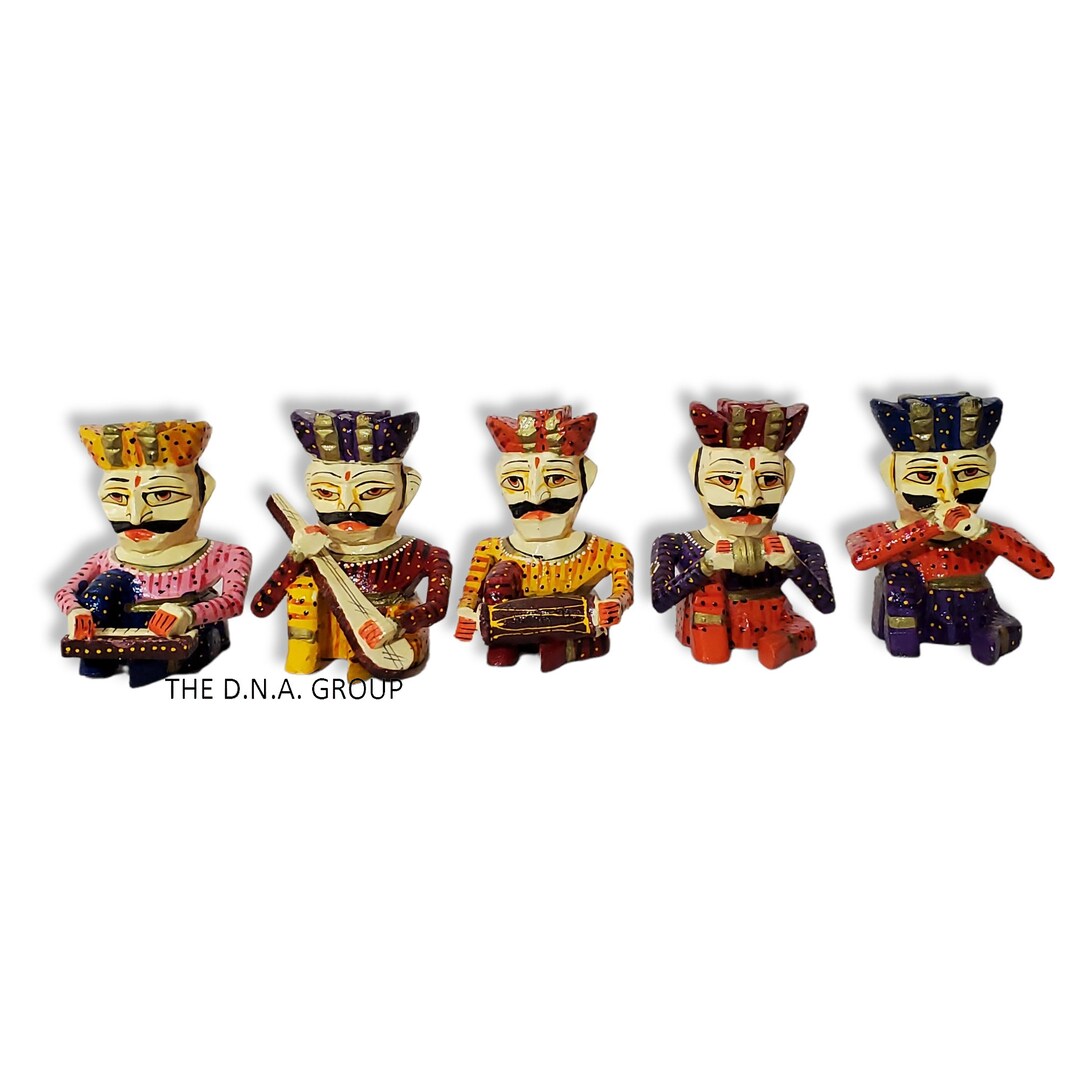 Wooden Hand Painted Statue Rajasthani Traditional Sitting Musician Bawla Set of 5 Gift Statue